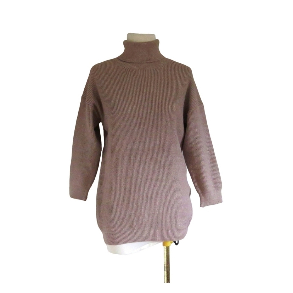 Vintage rib knit long turtleneck tunic sweater dress brown size medium small